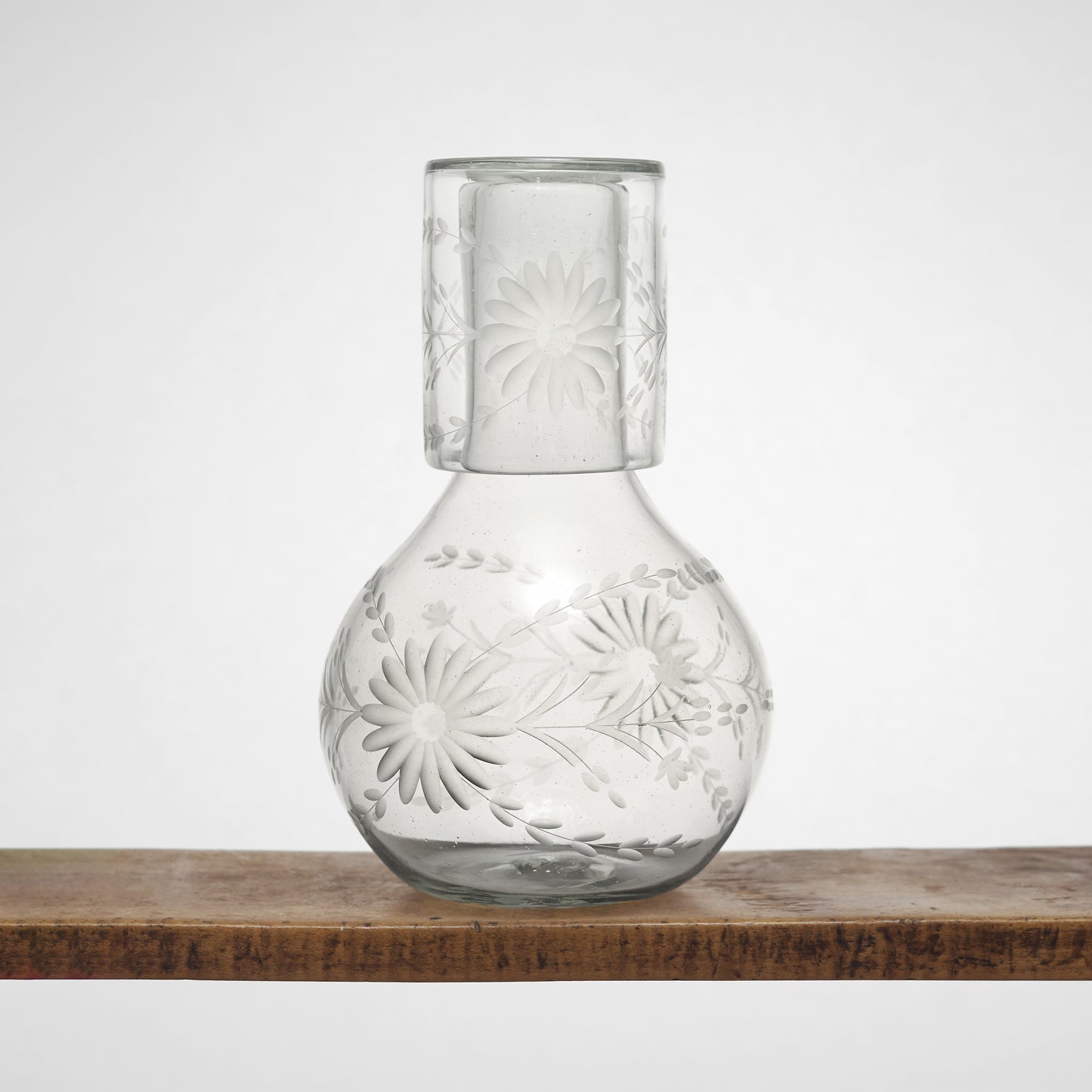 Floral Etched Bureau Carafe in Blown Recycled Glass