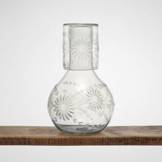 Floral Etched Bureau Carafe in Blown Recycled Glass