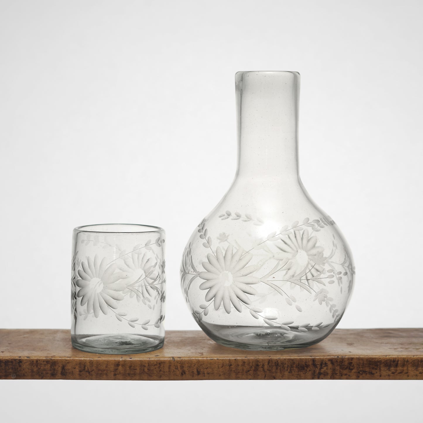 Floral Etched Bureau Carafe in Blown Recycled Glass