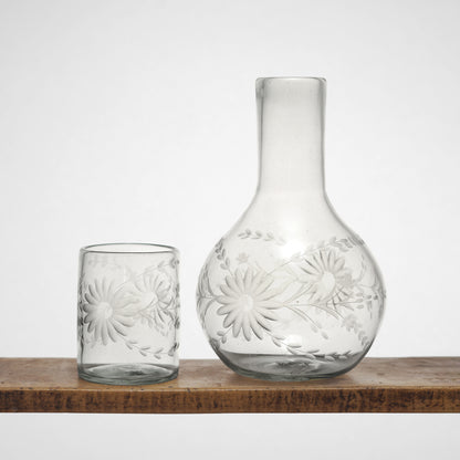 Floral Etched Bureau Carafe in Blown Recycled Glass