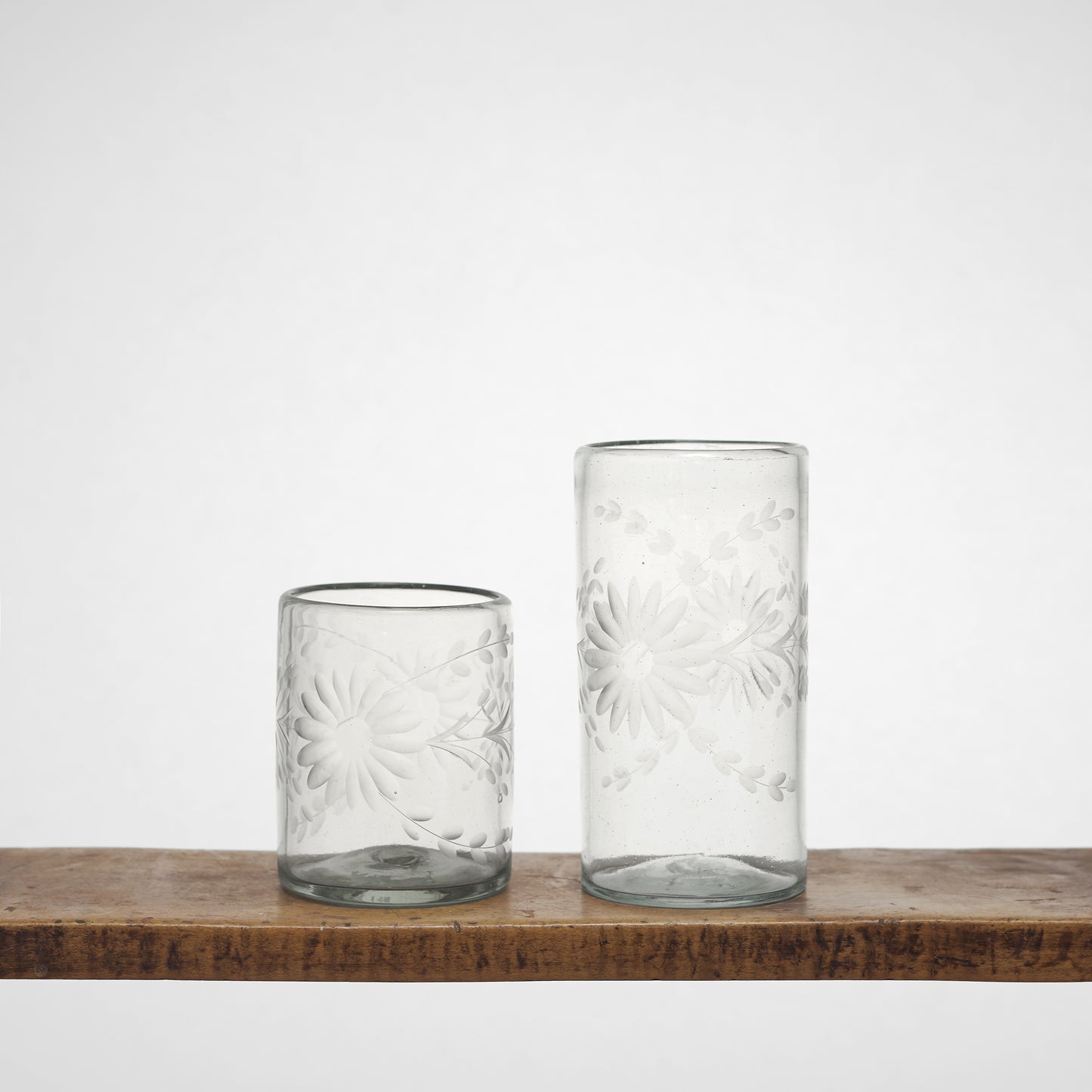 Floral Etched Drinking Glasses in Blown Recycled Glass