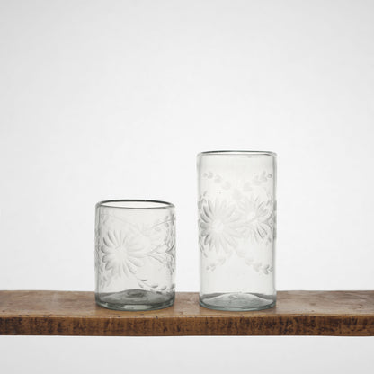 Floral Etched Drinking Glasses in Blown Recycled Glass