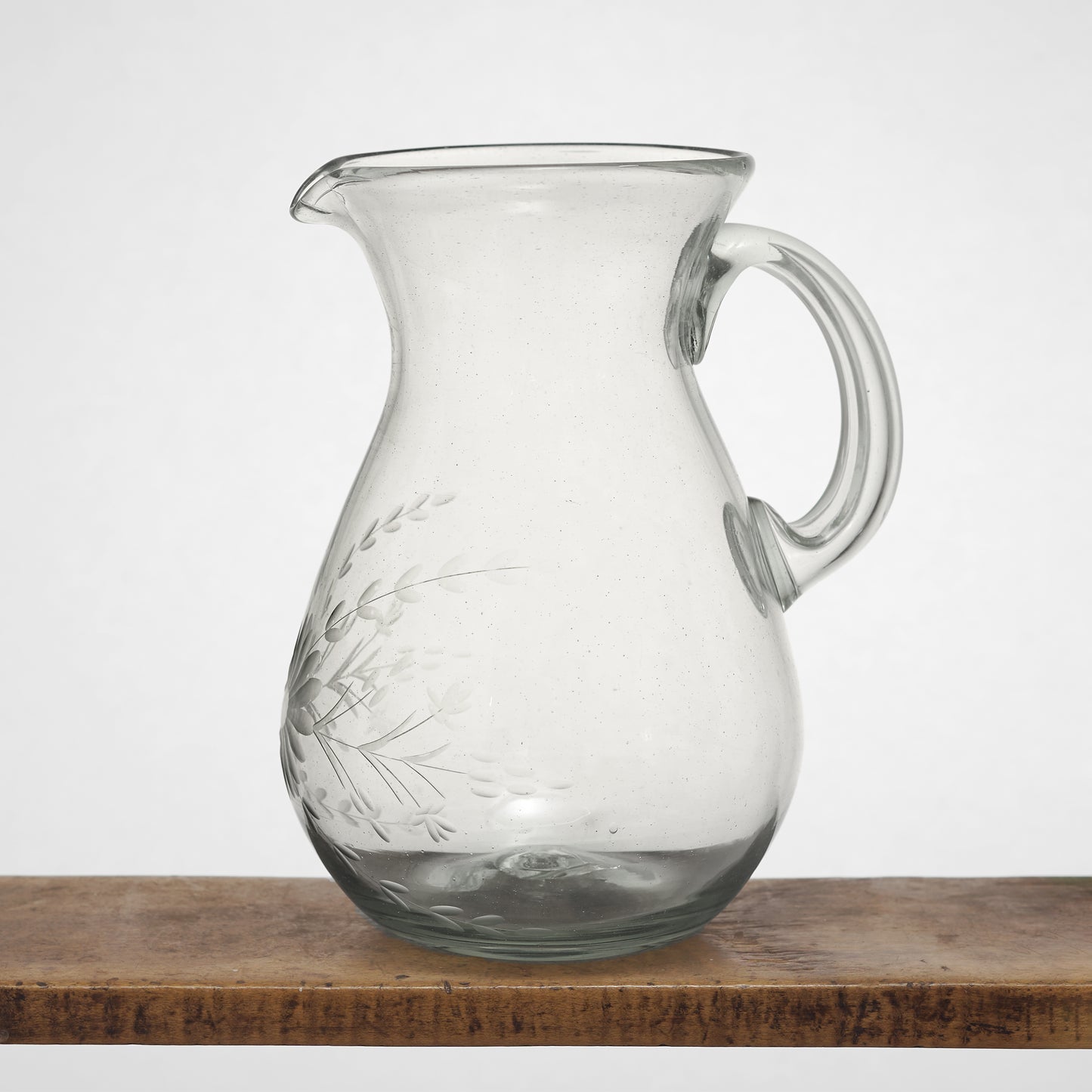 Floral Etched Round Pitcher in Blown Recycled Glass
