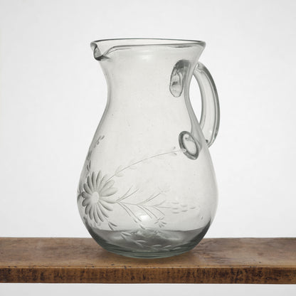 Floral Etched Round Pitcher in Blown Recycled Glass