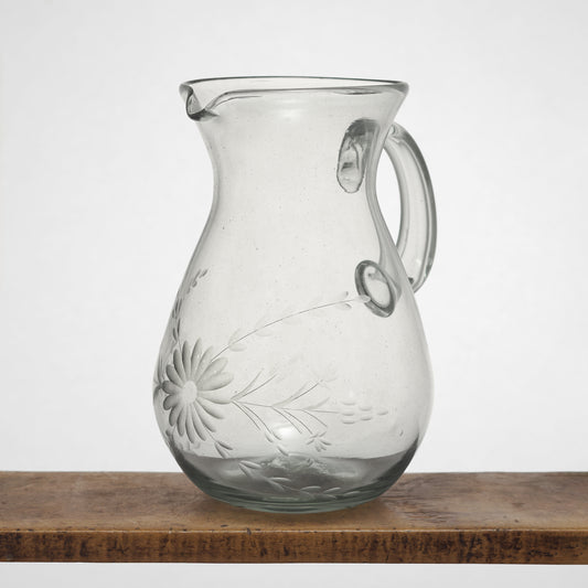 Floral Etched Round Pitcher in Blown Recycled Glass