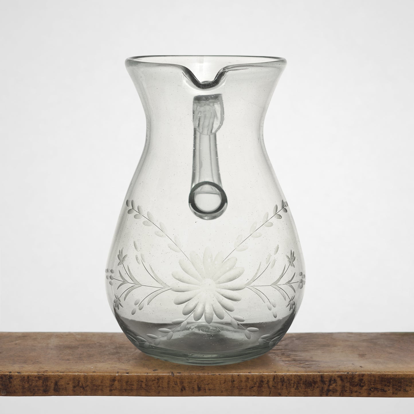 Floral Etched Round Pitcher in Blown Recycled Glass