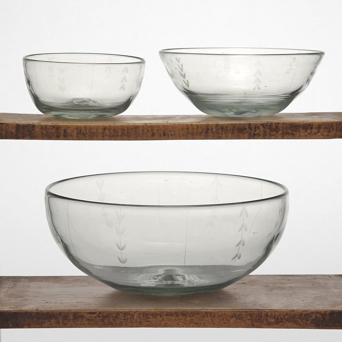 Leaf Etched Serving Bowls in Blown Recycled Glass