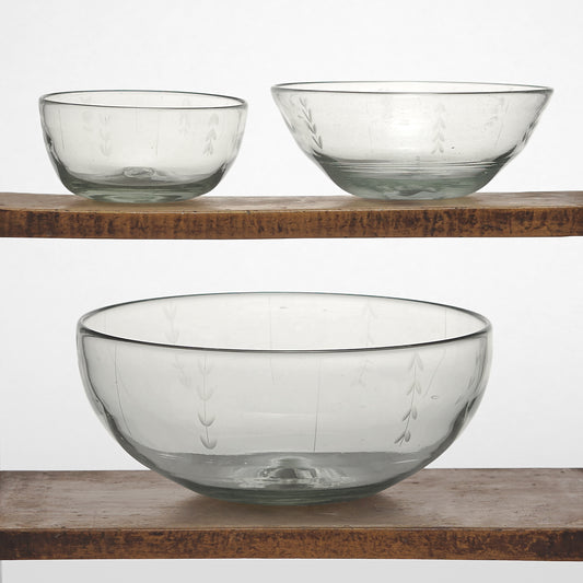 Leaf Etched Serving Bowls in Blown Recycled Glass