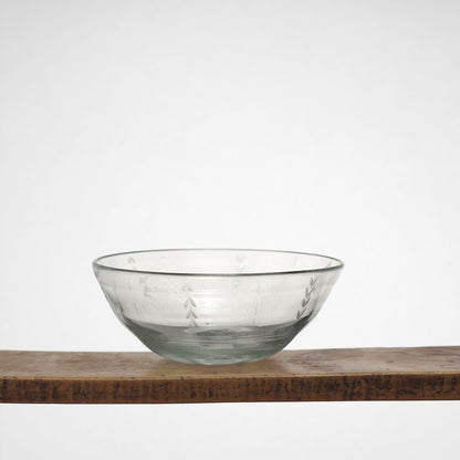 Leaf Etched Serving Bowls in Blown Recycled Glass