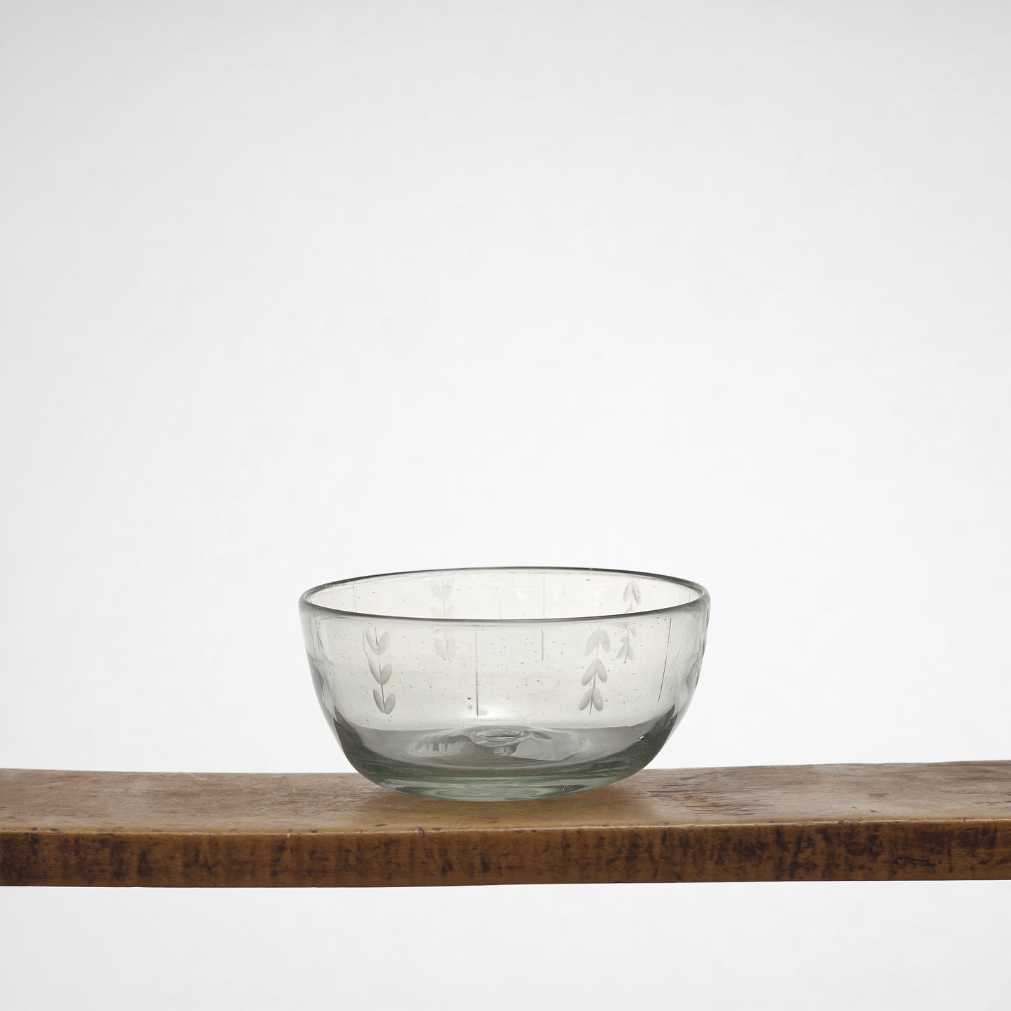 Leaf Etched Serving Bowls in Blown Recycled Glass