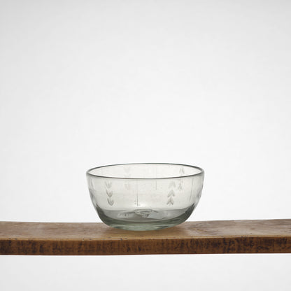 Leaf Etched Serving Bowls in Blown Recycled Glass