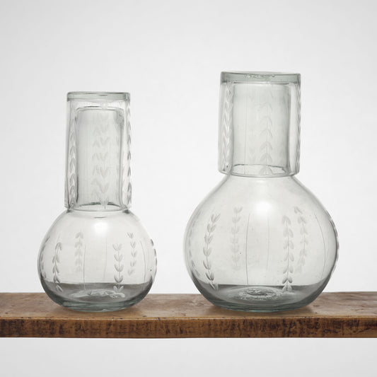 Leaf Etched Bureau Carafe in Blown Recycled Glass