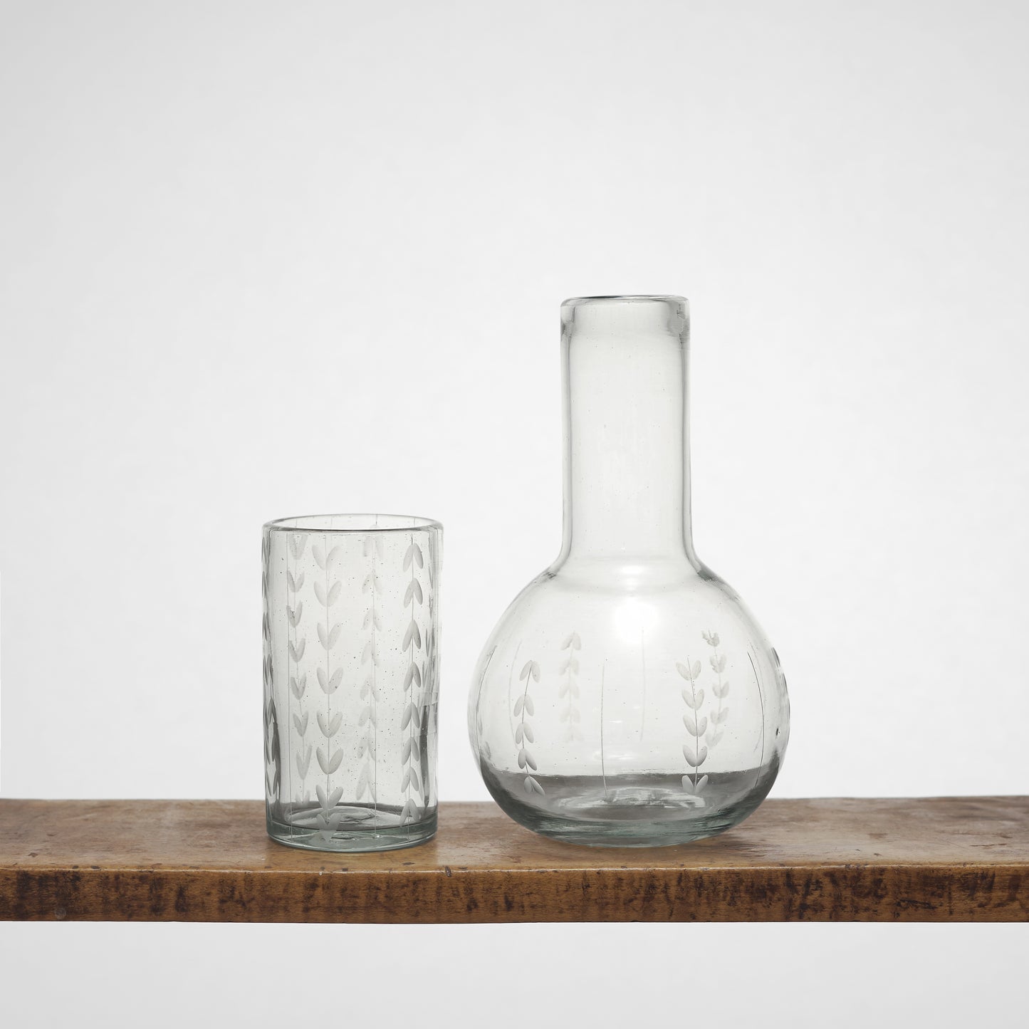 Leaf Etched Bureau Carafe in Blown Recycled Glass