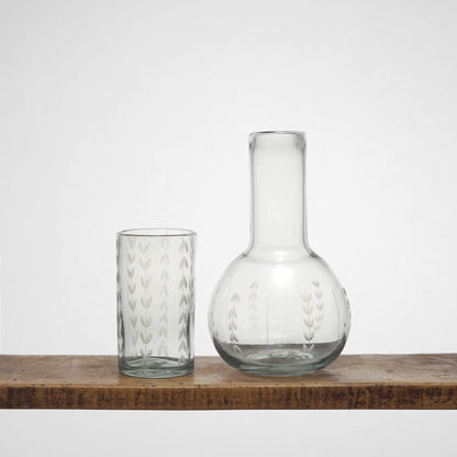 Leaf Etched Bureau Carafe in Blown Recycled Glass