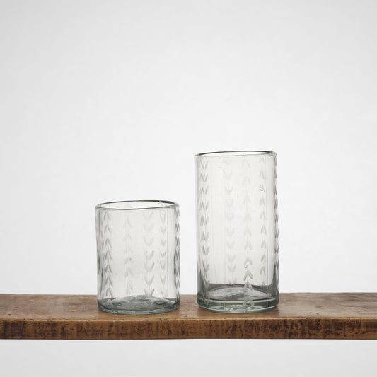 Leaf Etched Drinking Glasses in Blown Recycled Glass