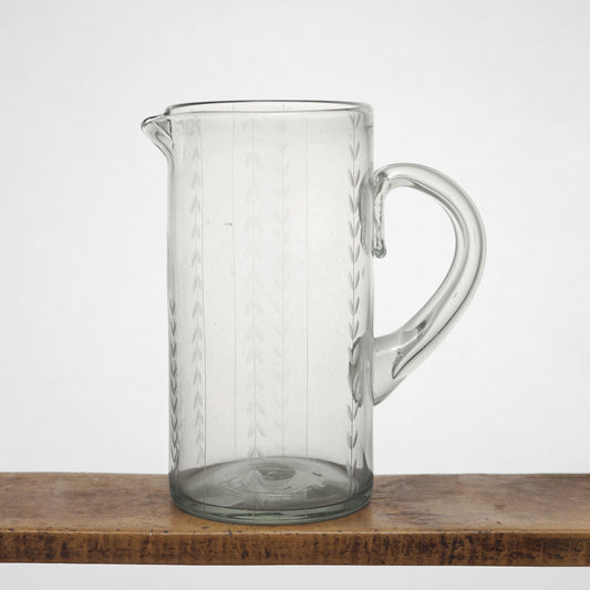 Leaf Etched Cylinder Pitcher in Blown Recycled Glass
