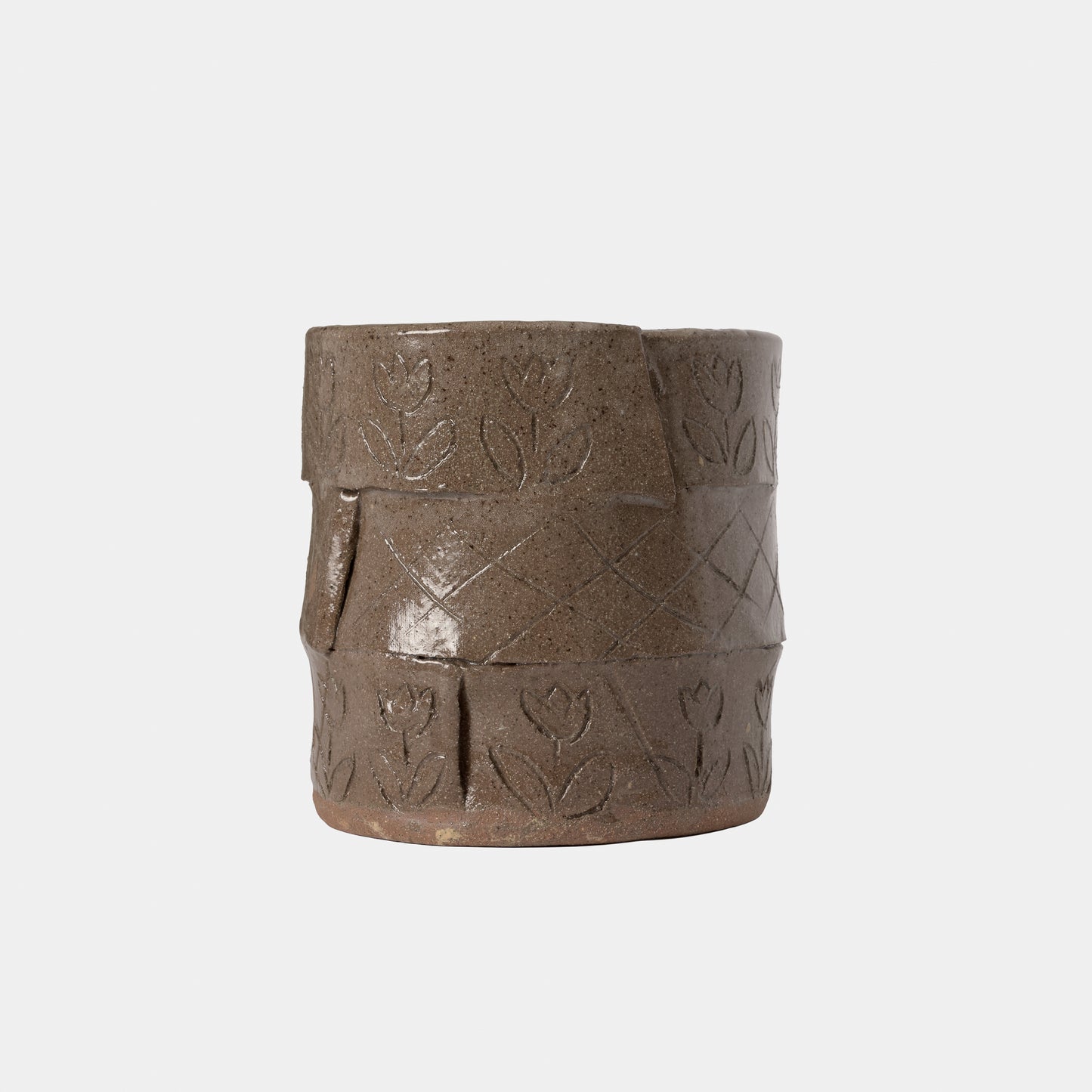 Vintage Stoneware Slab Cachepot with Etchings, 1978