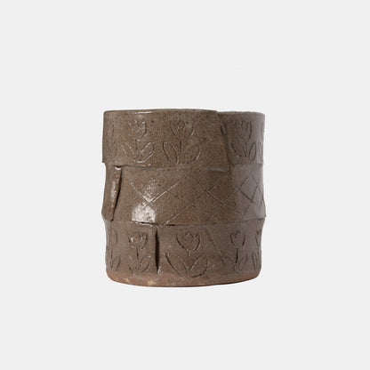 Vintage Stoneware Slab Cachepot with Etchings, 1978
