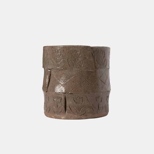 Vintage Stoneware Slab Cachepot with Etchings, 1978