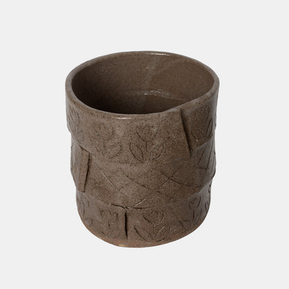 Vintage Stoneware Slab Cachepot with Etchings, 1978
