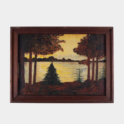 Vintage Folk Painting of Lake at Sunset, Massachusetts, 1962