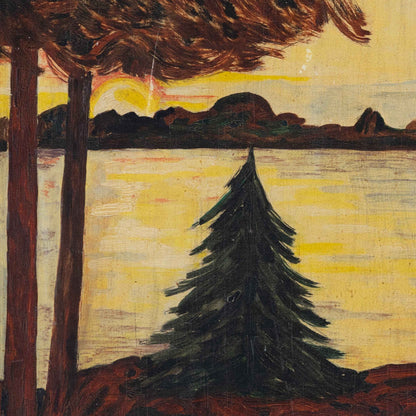 Vintage Folk Painting of Lake at Sunset, Massachusetts, 1962