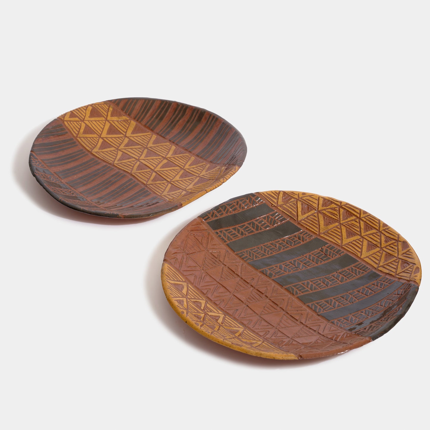 Vintage Incised Geometric Redware Plates