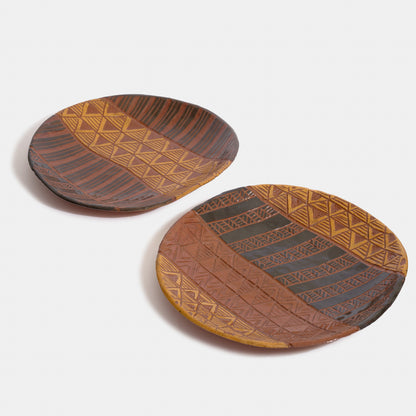 Vintage Incised Geometric Redware Plates