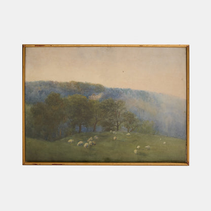 Antique Watercolor of Sheep in Yorkshire Meadow, England