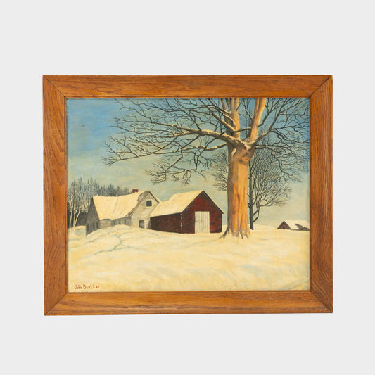 Vintage Farm in Winter Oil Painting, New York, 1957