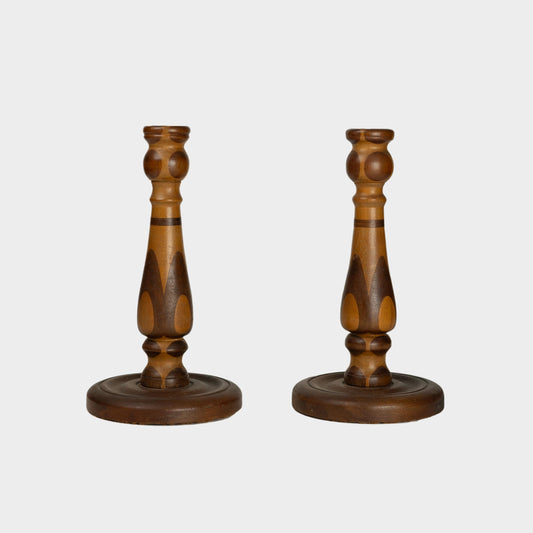 Vintage Wood Turned Tonal Candlesticks