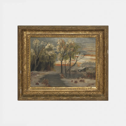 Antique Woodland Sunset Oil Painting