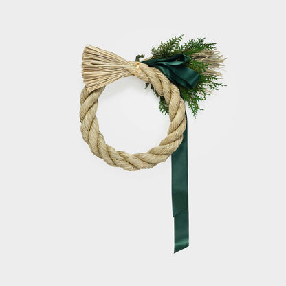 Japanese Rice Straw Wreath with Hinoki Greens and Green Bow