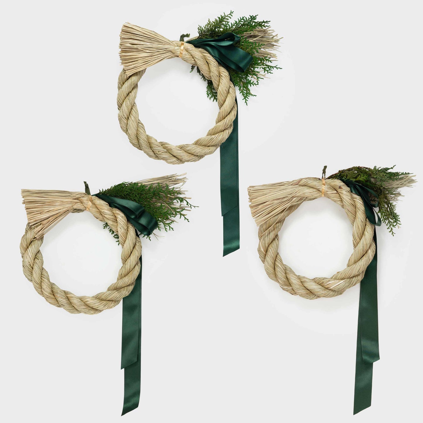 Japanese Rice Straw Wreath with Hinoki Greens and Green Bow