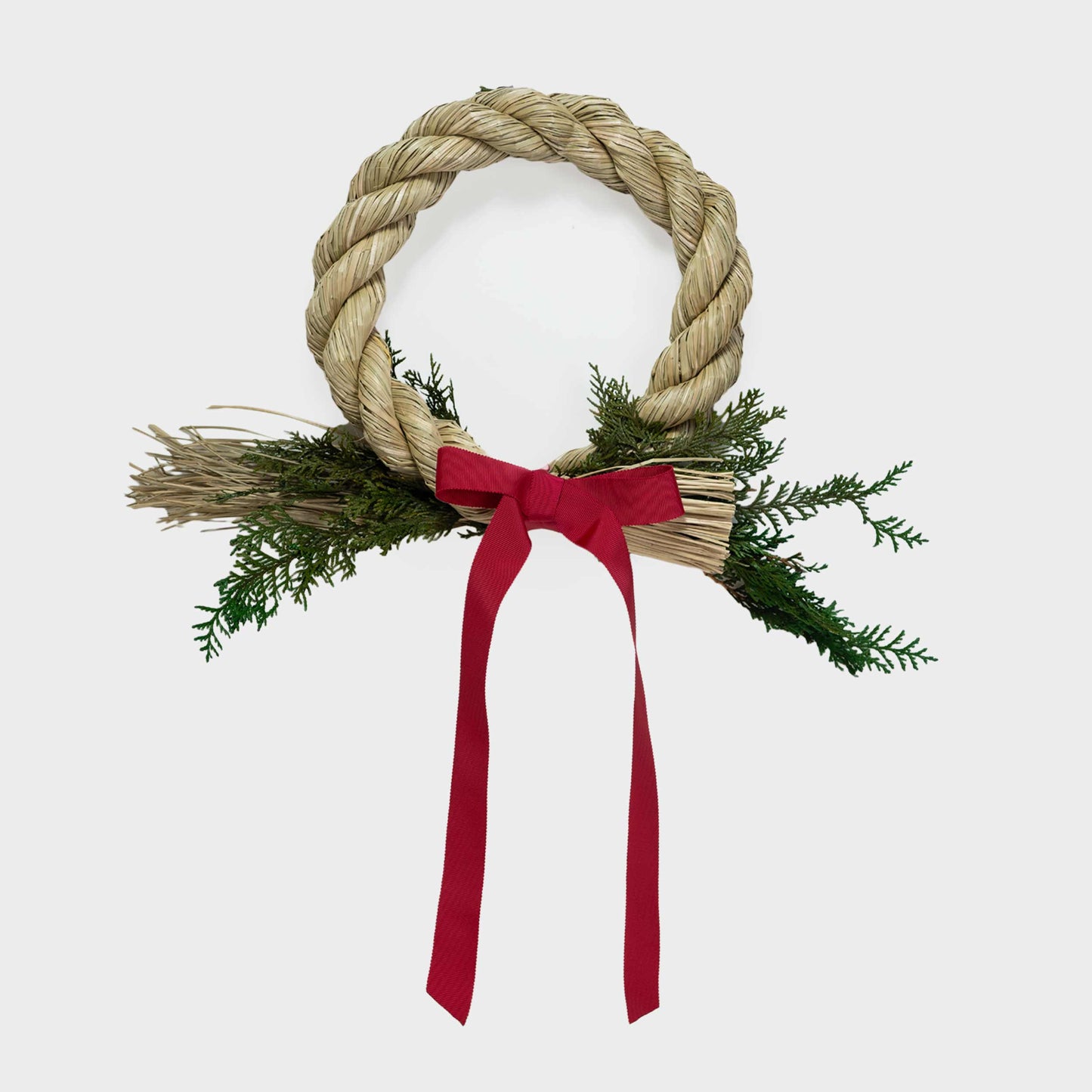 Japanese Rice Straw Wreath with Hinoki Greens and Red Bow