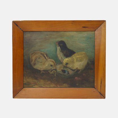 Antique Painting of Chicks with Oyster, 19th C