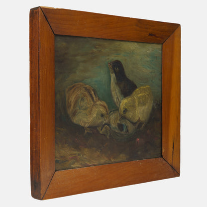 Antique Painting of Chicks with Oyster, 19th C