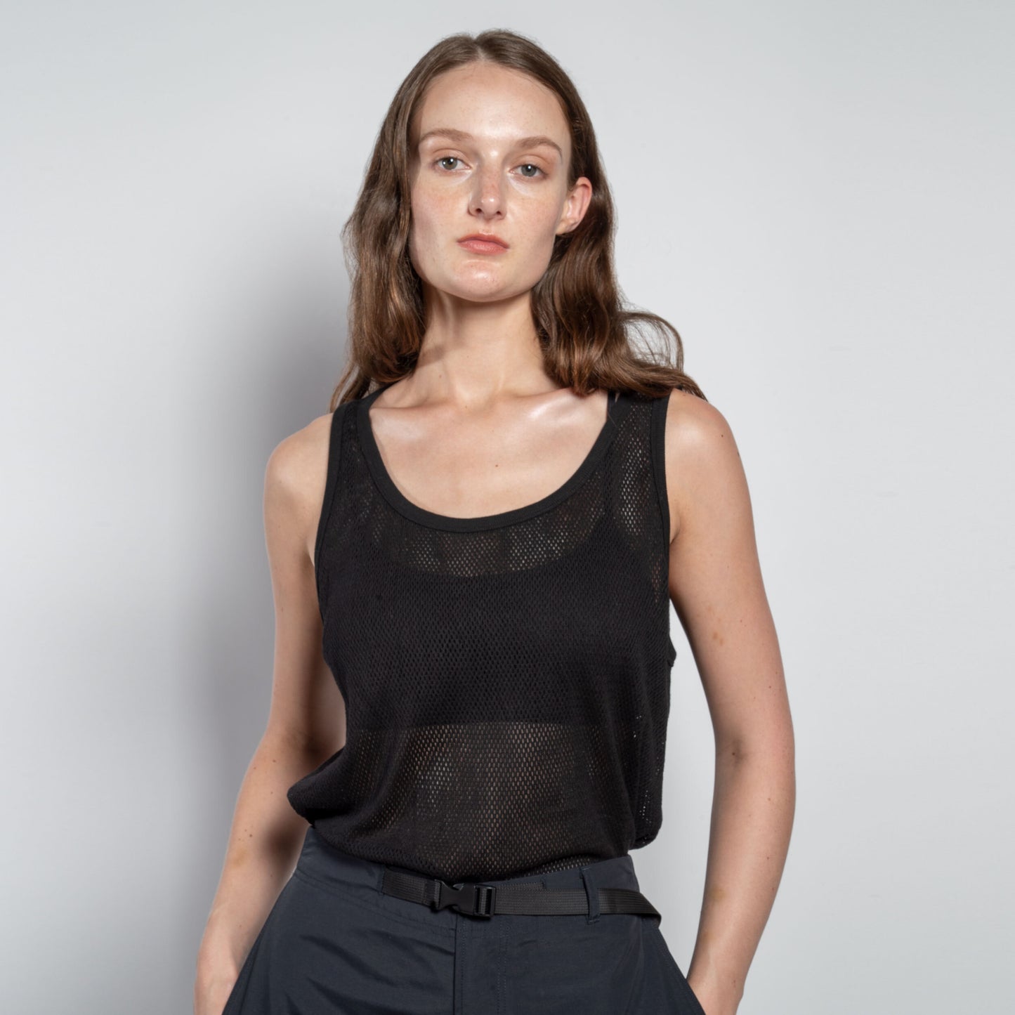 Cotton Mesh Tank Top in Black