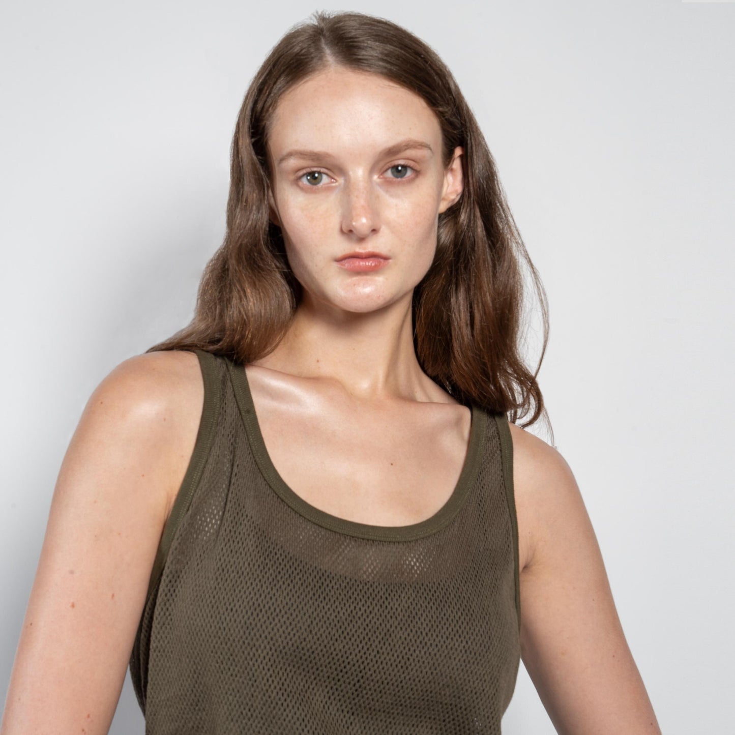 Cotton Mesh Tank Top in Drab Olive