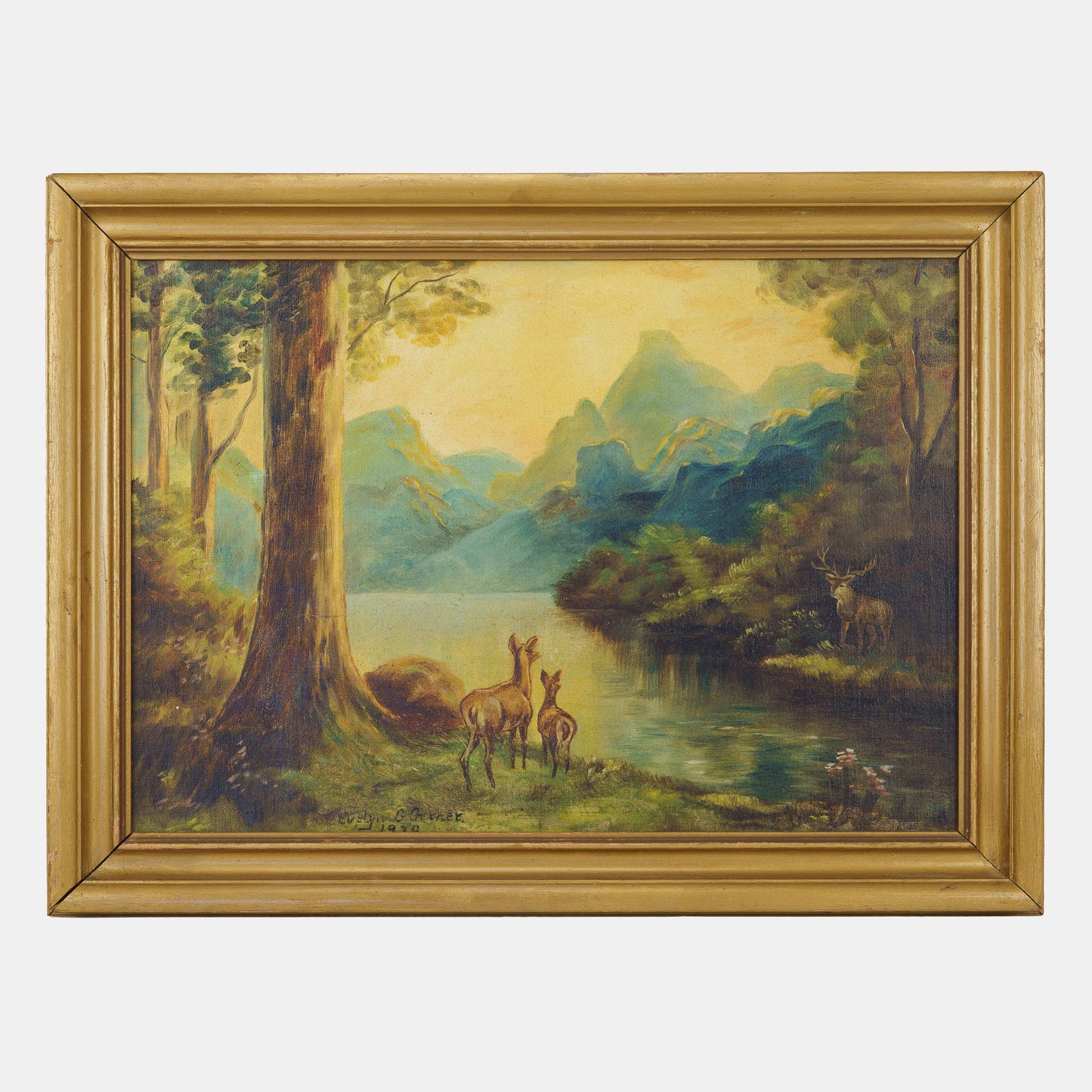 Antique Adirondack Landscape with Deer, 1938. New York