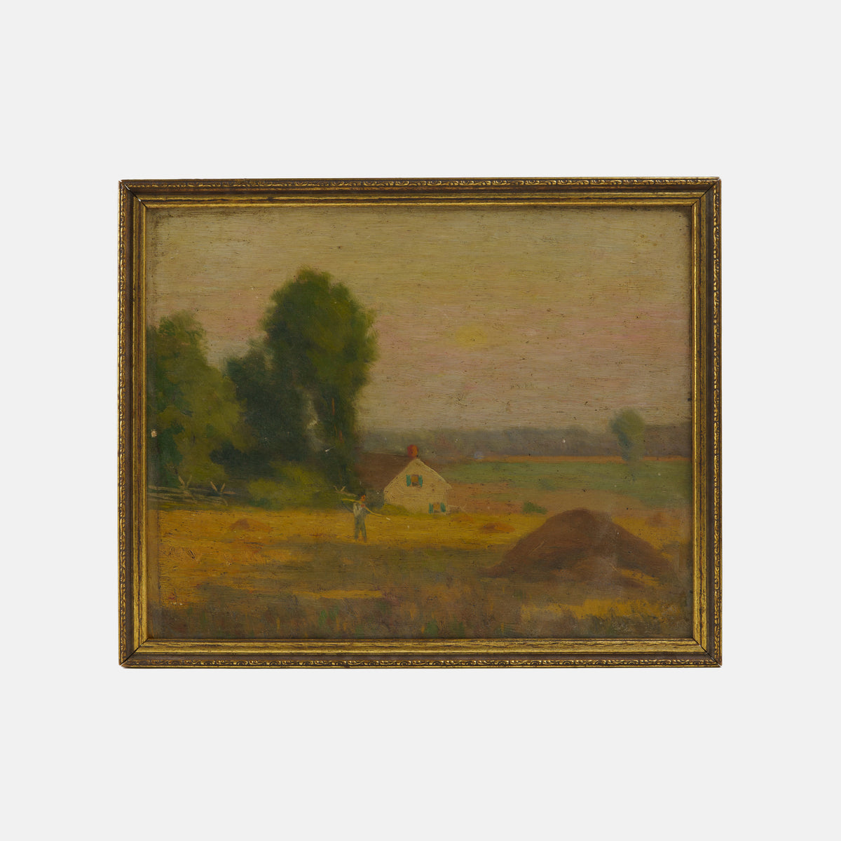 Antique Folk Pastoral Painting with Farmer and Scythe, Early 1900's