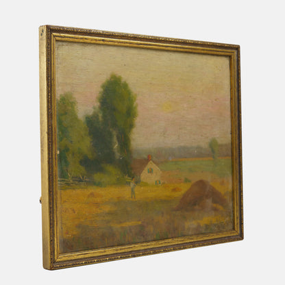 Antique Folk Pastoral Painting with Farmer and Scythe, Early 1900's