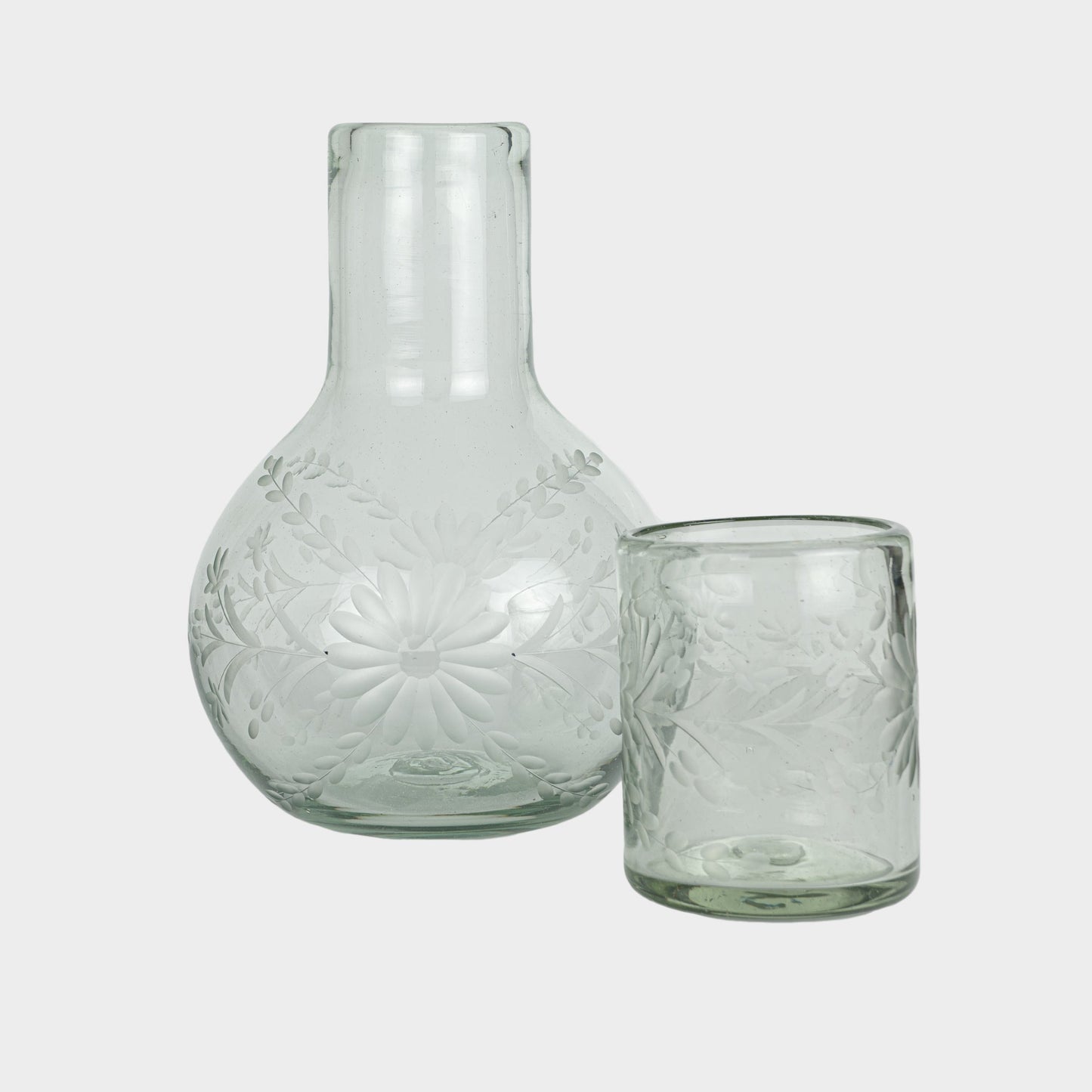 Floral Etched Bureau Carafe in Blown Recycled Glass