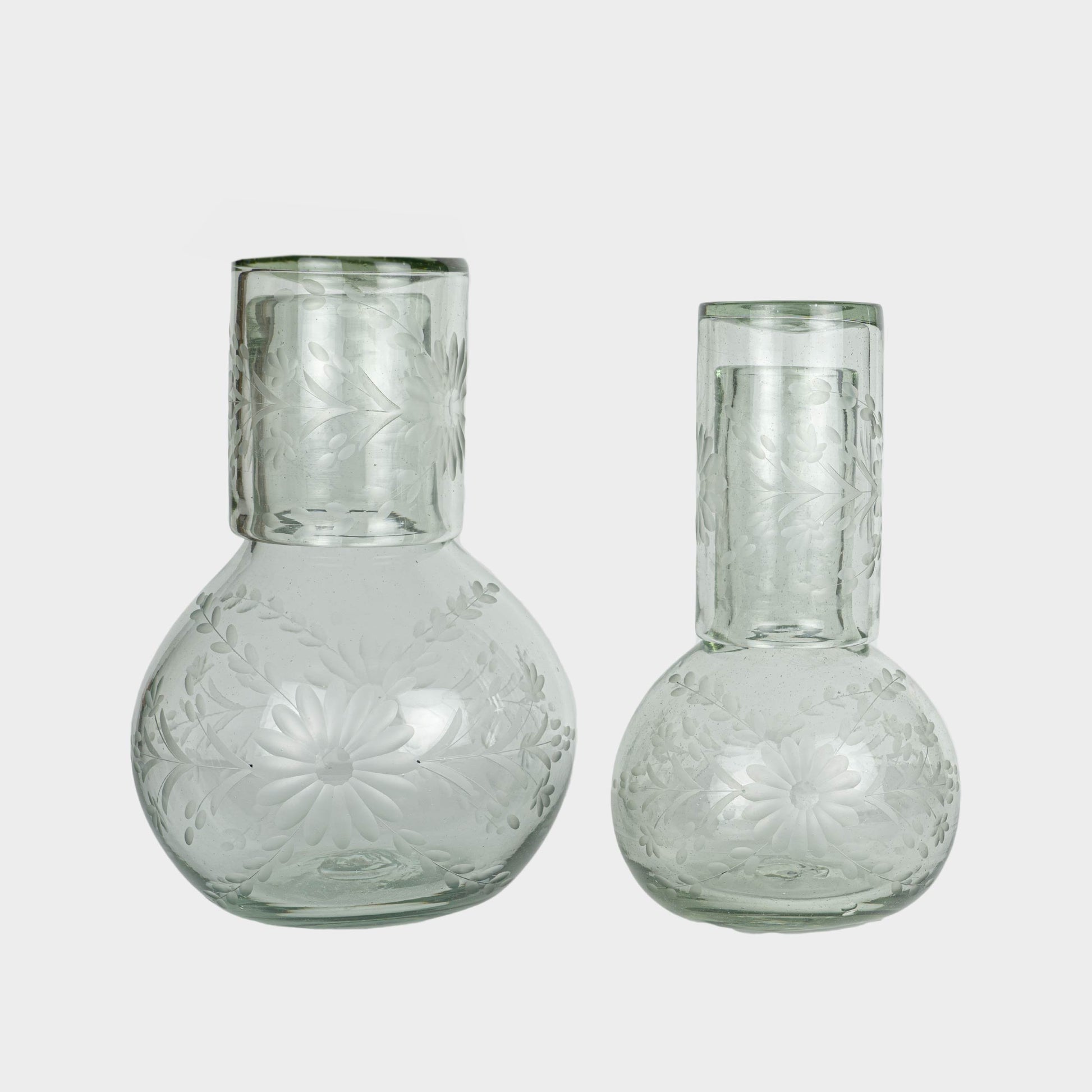 Floral Etched Bureau Carafe in Blown Recycled Glass