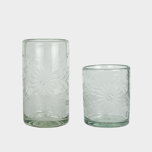 Floral Etched Drinking Glasses in Blown Recycled Glass
