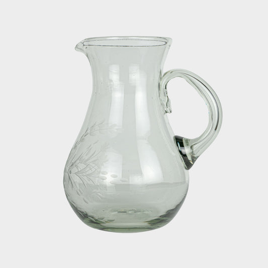 Floral Etched Round Pitcher in Blown Recycled Glass