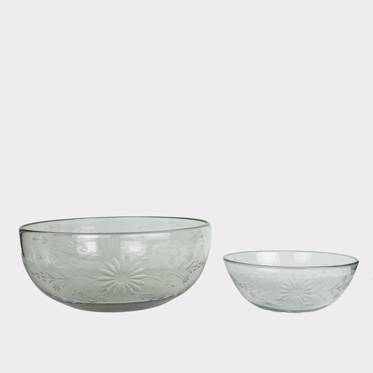Floral Etched Serving Bowls in Blown Recycled Glass