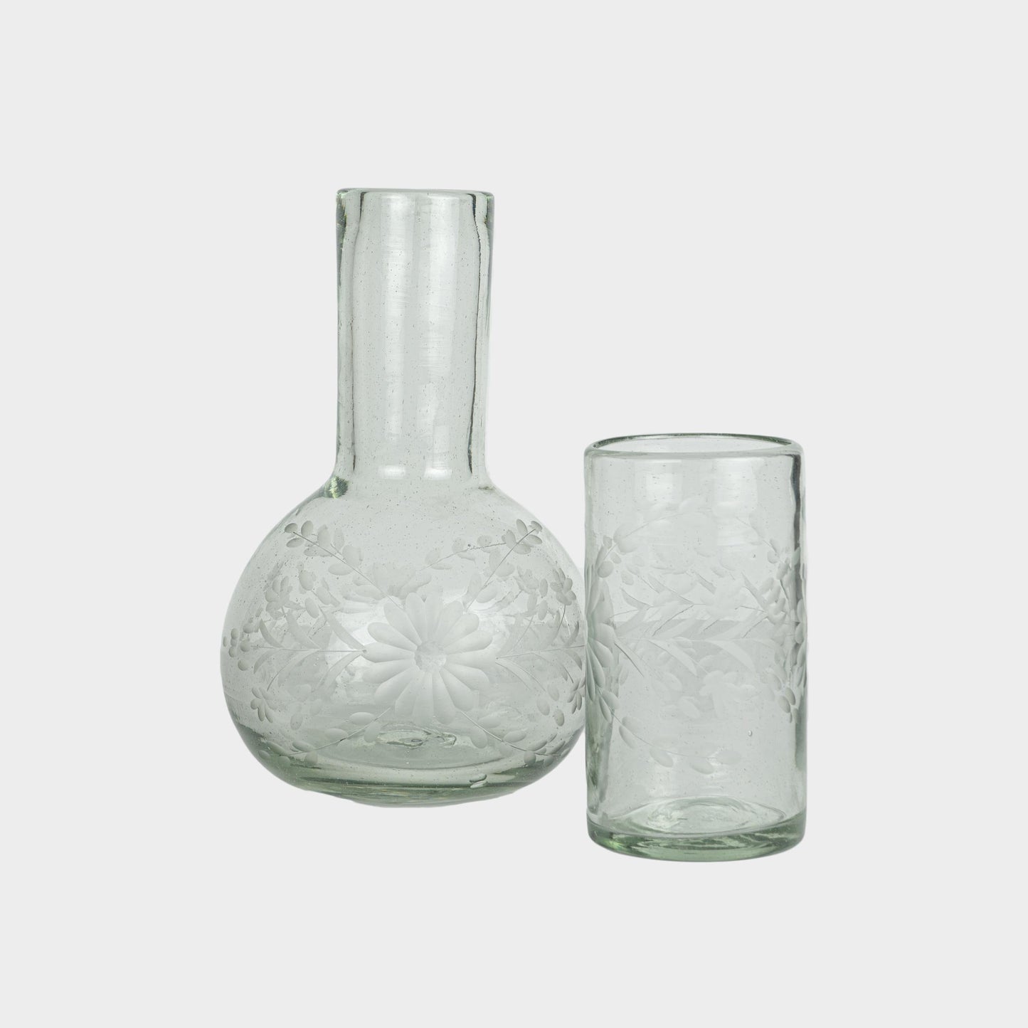 Floral Etched Bureau Carafe in Blown Recycled Glass