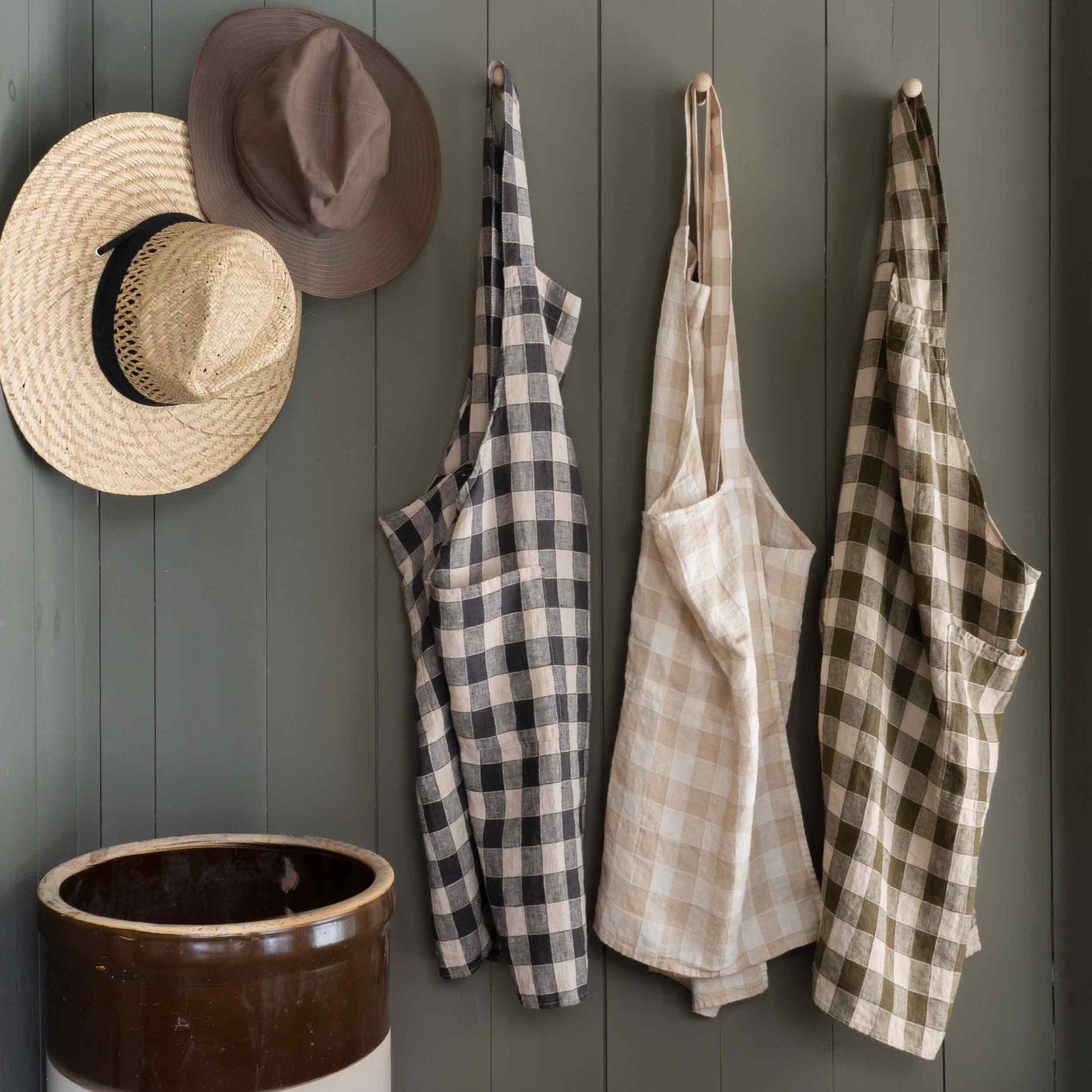 French Linen Apron in Olive Green/ Cream Gingham