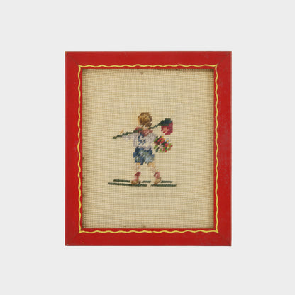 Vintage Needlepoint of Boy with Bouquet and Bindle (or Butterfly Catcher?)
